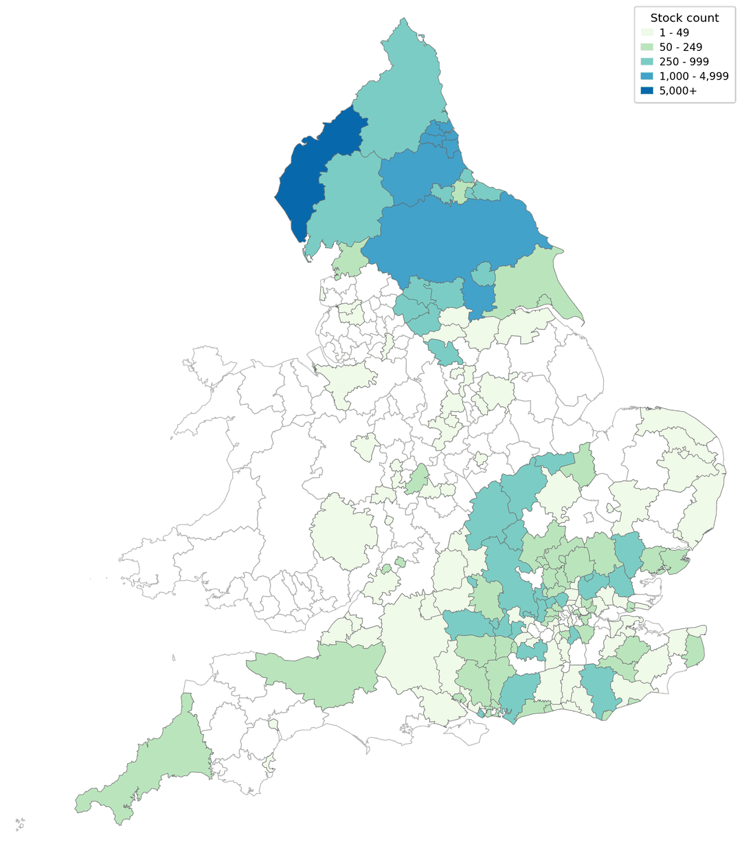 Heat mapped graphic showing the distribution of social housing stock across local authorities in England, with darker areas indicating higher concentrations of stock and lighter areas indicating lower concentrations.